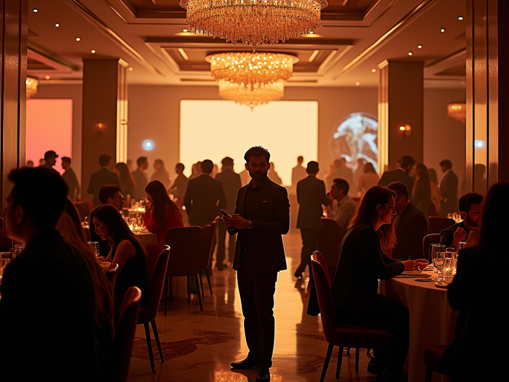 Elegant party in a grand hall with chandeliers, guests dining and socializing in a warm ambient setting.