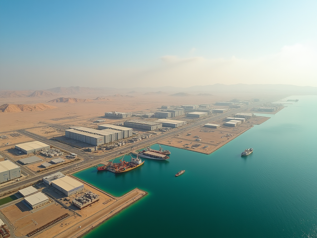 Aerial view of an industrial port complex by the sea with warehouses and cargo ships.