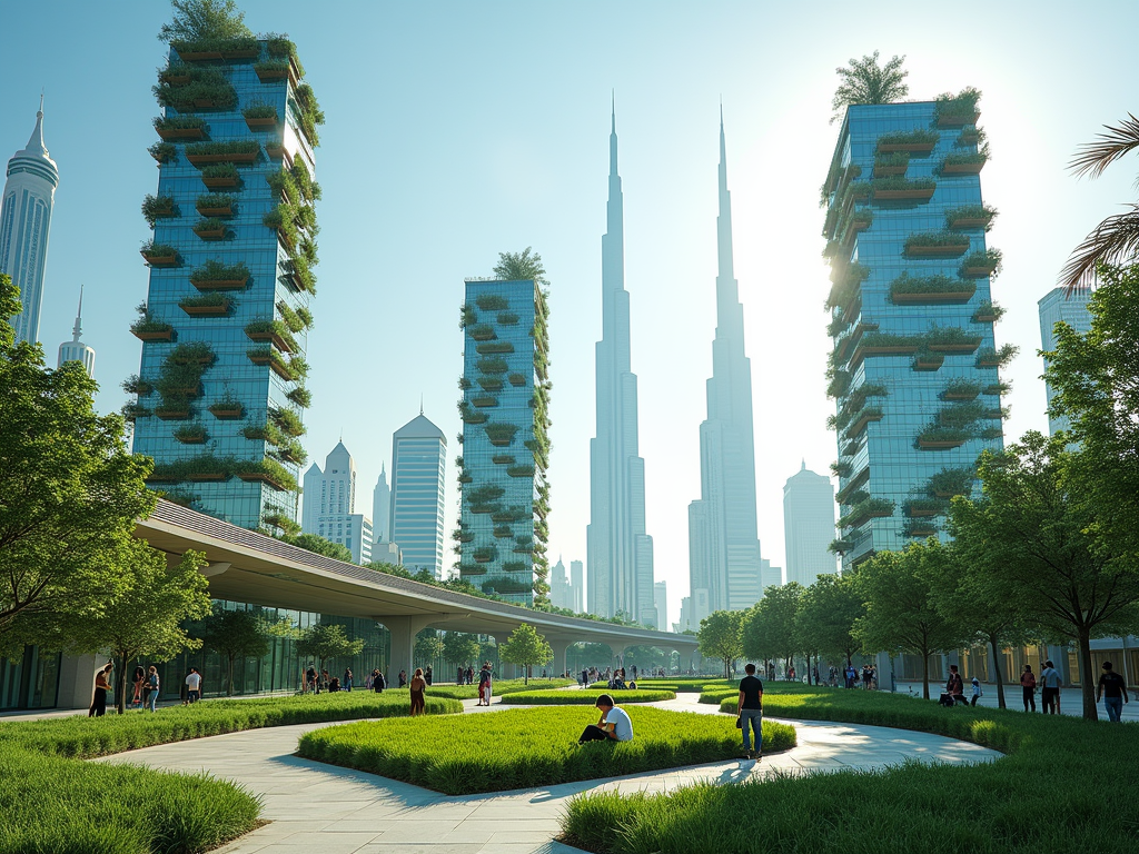 A modern urban landscape with green skyscrapers and the Burj Khalifa in the background, busy with people enjoying the park.