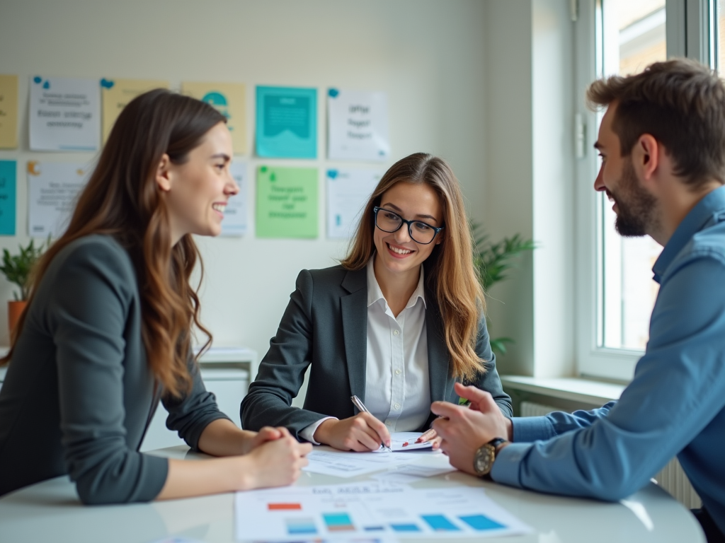 Three professionals discussing documents at a conference table in a bright office.