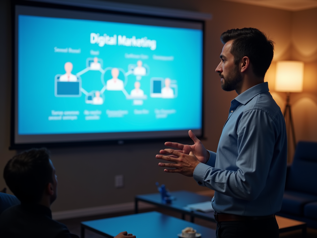 A man presents a digital marketing strategy in a meeting room, with a projection screen in the background.