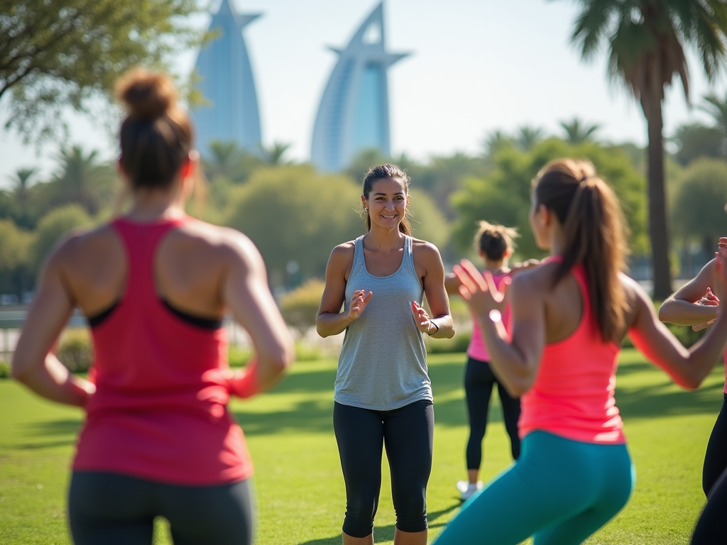 Fitness instructor leading an outdoor exercise class with Burj Al Arab in the background.