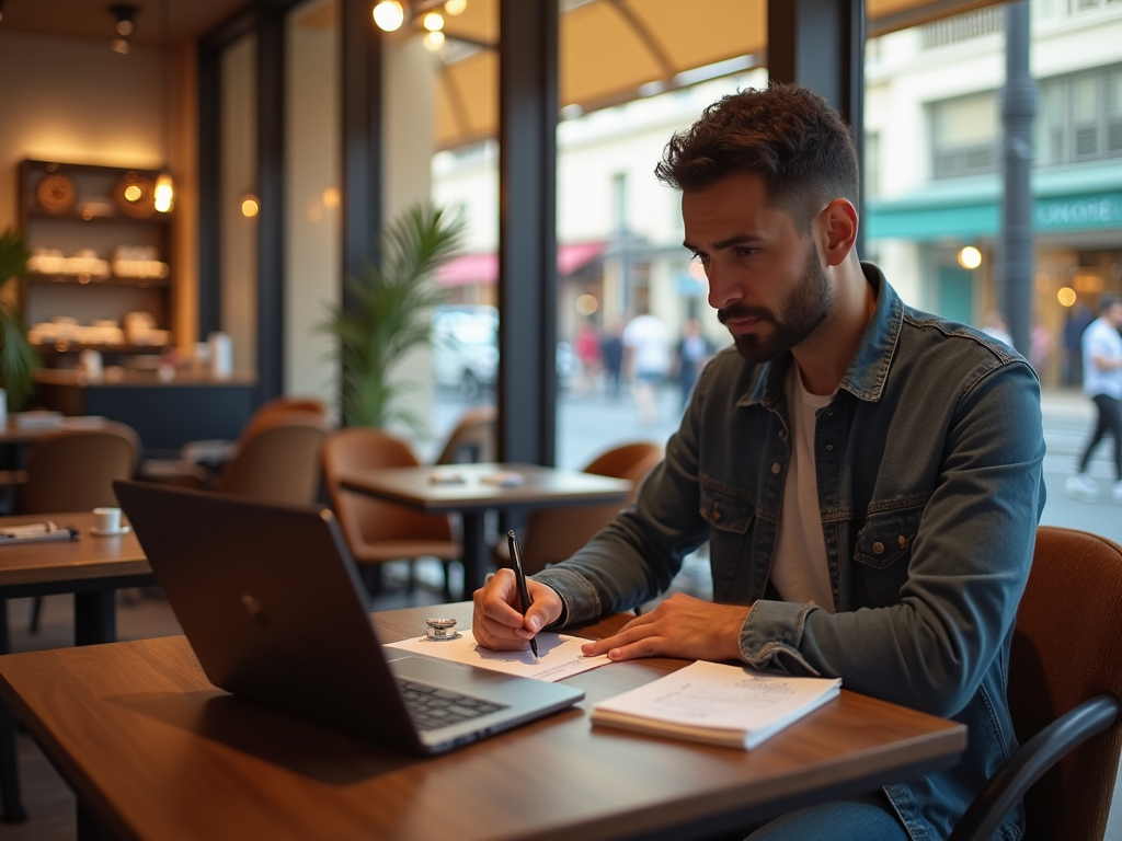 Man sitting at a cafe, working on laptop and writing notes.