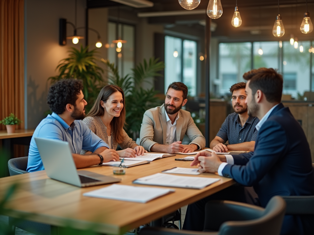 Five professionals smiling and discussing at a meeting table in a modern office with warm lighting.