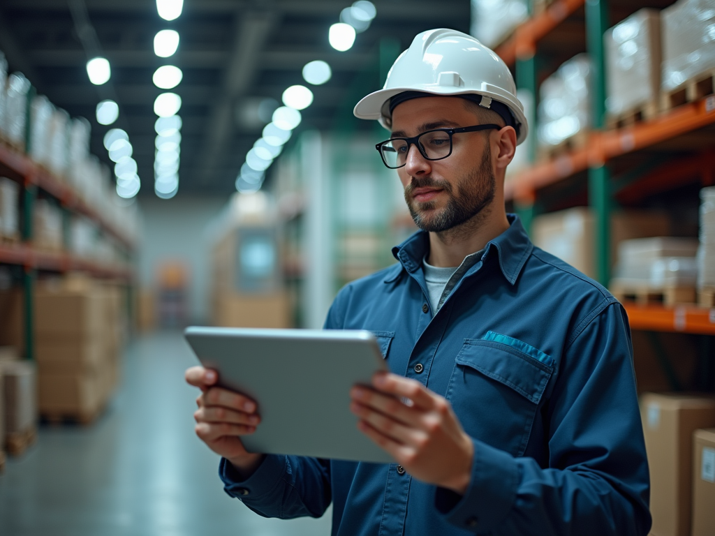 Engineer in hard hat and glasses using a tablet in a warehouse.