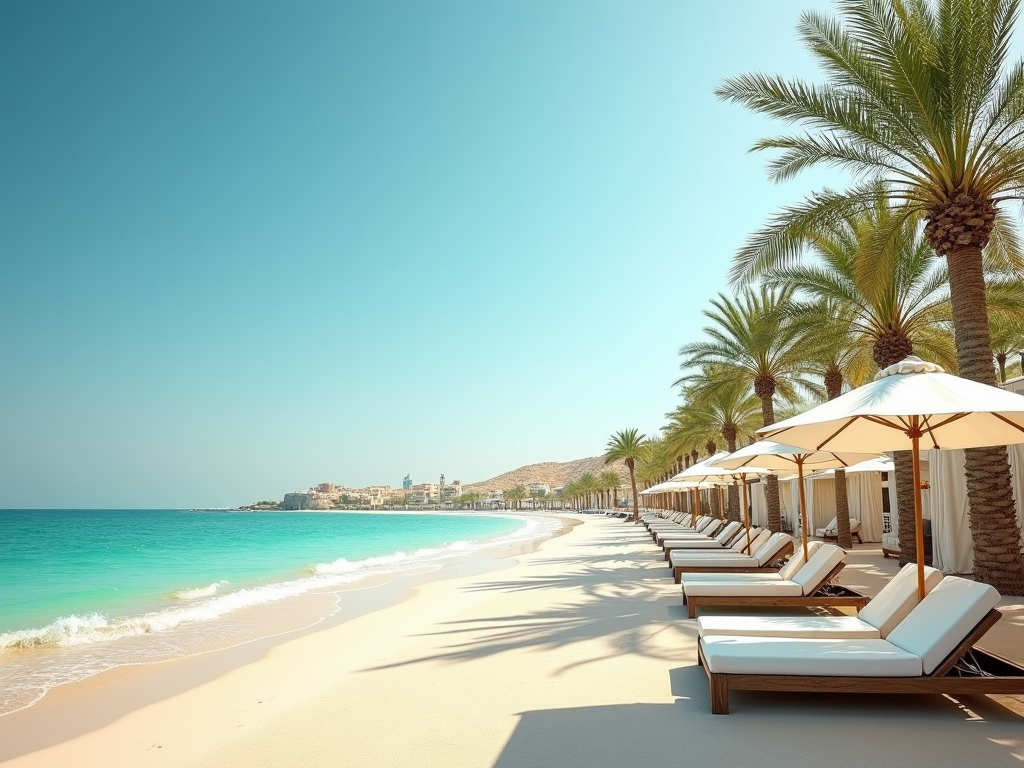 Tropical beach lined with palm trees, sun loungers, and umbrellas on a sunny day.