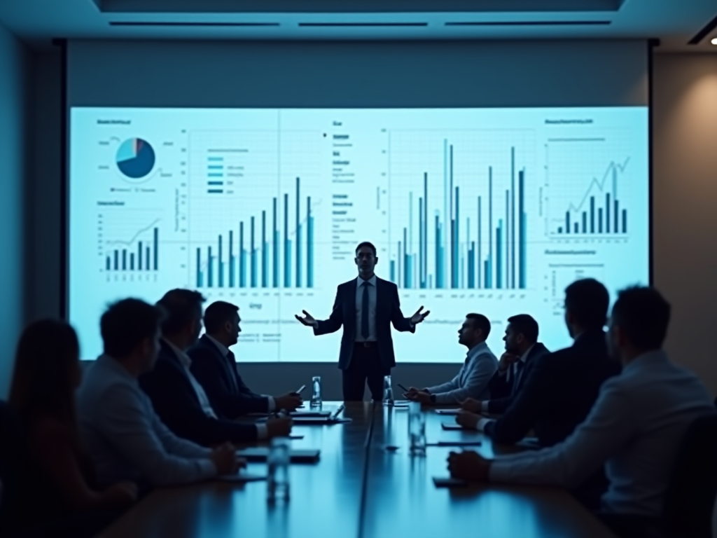 Man presenting business data on screen to colleagues in a dimly lit conference room.