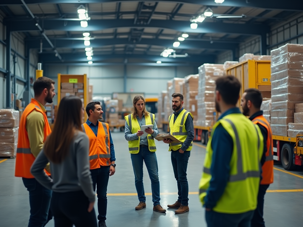 Team of warehouse workers in safety vests discussing logistics in a distribution center.