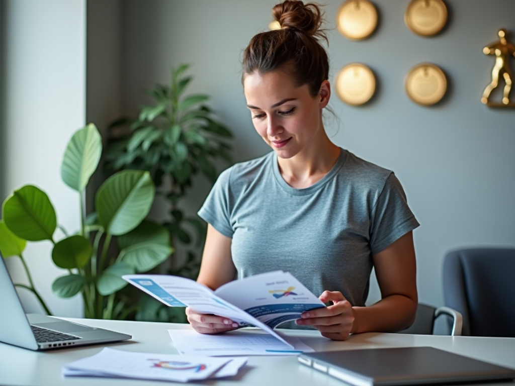 Woman reading documents at a modern home office desk with laptop and indoor plants.