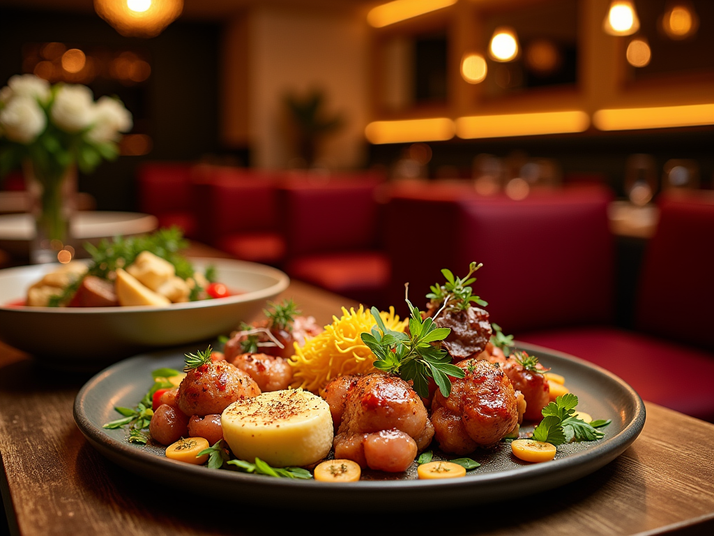 Gourmet meal served on a circular plate in a cozy restaurant with ambient lighting.