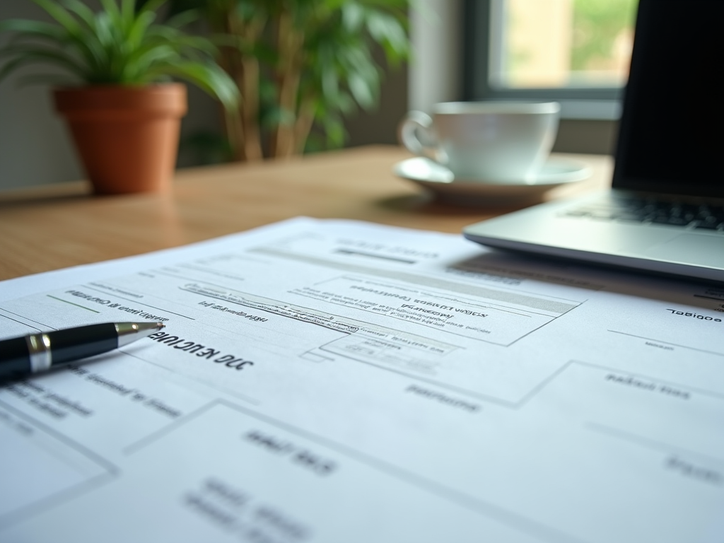 Focused resume with a pen on it, laptop and coffee cup on a wooden desk by a window with plants.