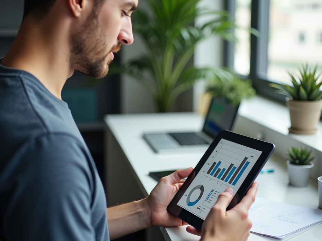 A man examines data charts on a tablet while sitting at a desk with plants and a laptop in the background.