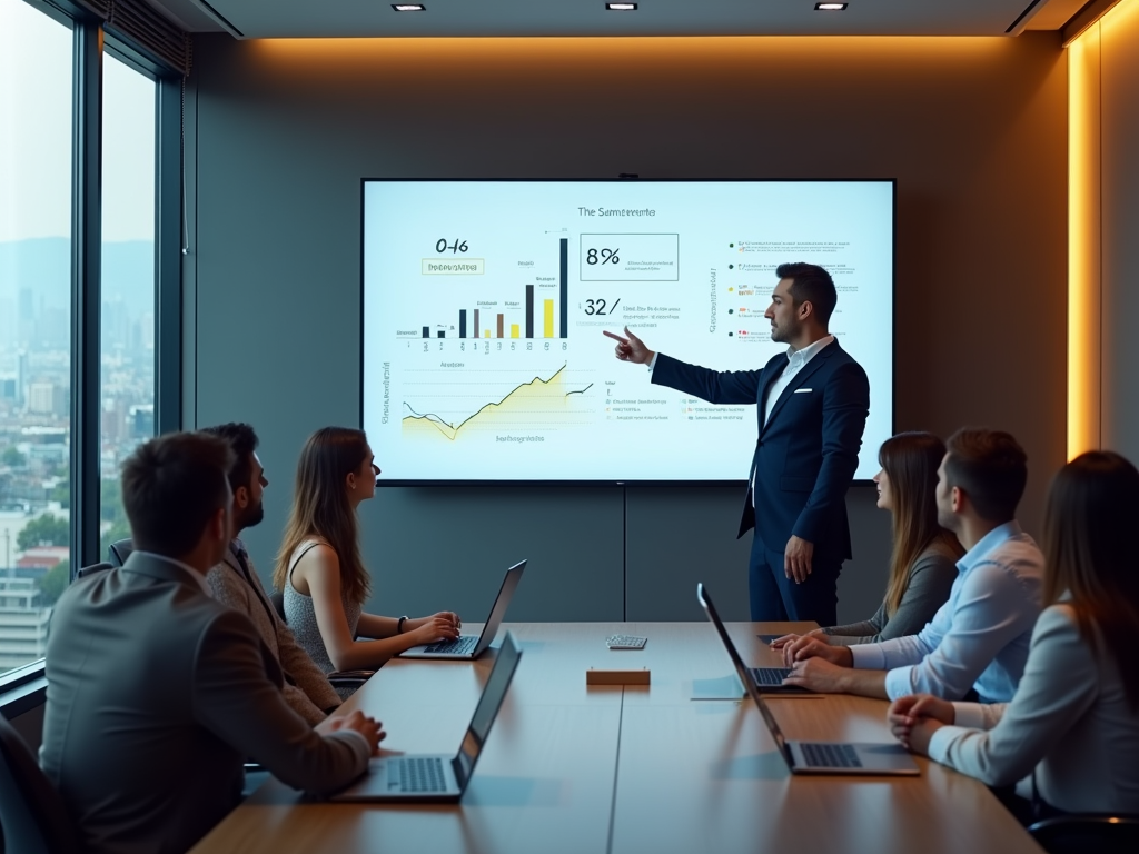 Man presenting data on screen to colleagues in a modern office meeting room.