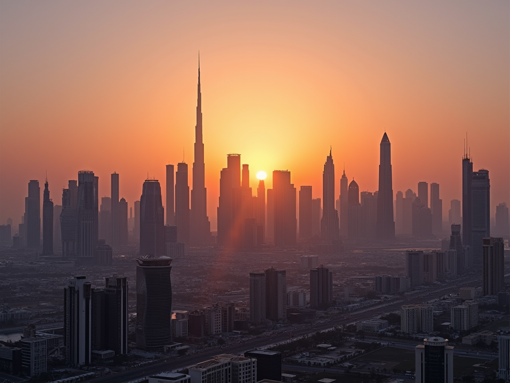 Sunrise over a city skyline with a prominent tower, silhouetted against an orange sky.