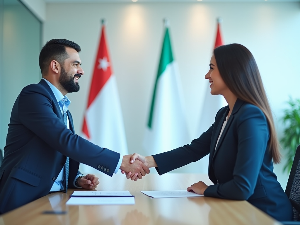 Two professionals, a man and a woman, shaking hands across a table in an office with flags in the background.