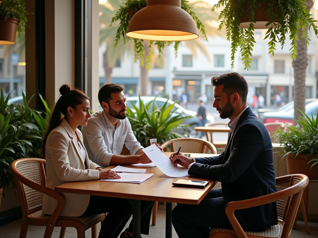 Three professionals reviewing documents at a cafe table, with lush greenery and urban backdrop.