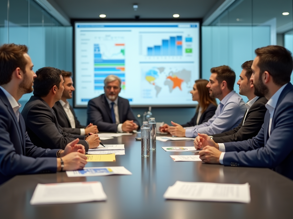 Business professionals in a meeting with digital screen displaying graphs and maps.