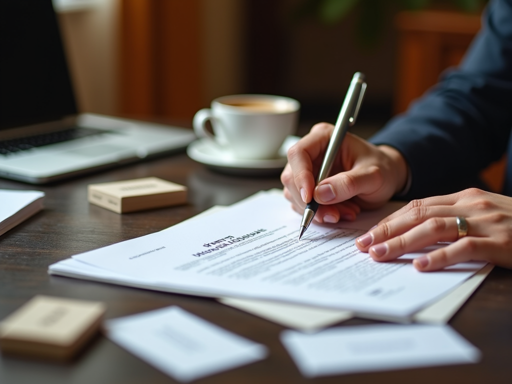 Person signing a document with a pen, laptop and coffee cup on the table.