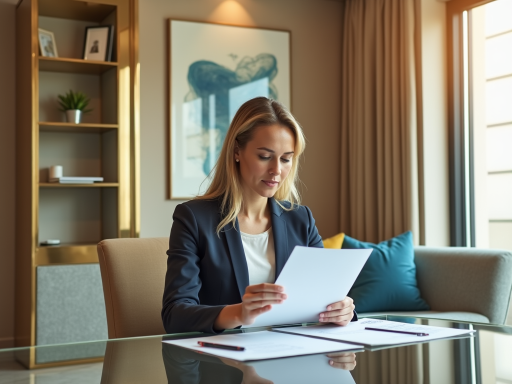 Professional woman reading a document at a table in a stylish office.