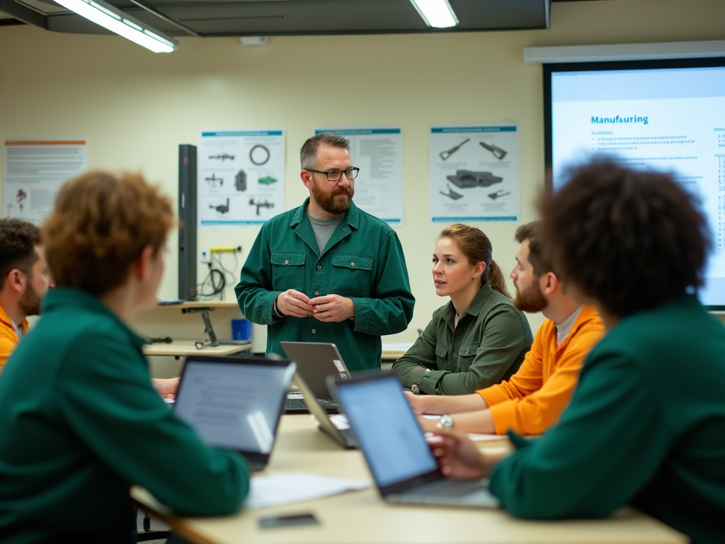 Teacher discussing with students in a classroom with engineering posters and laptops.