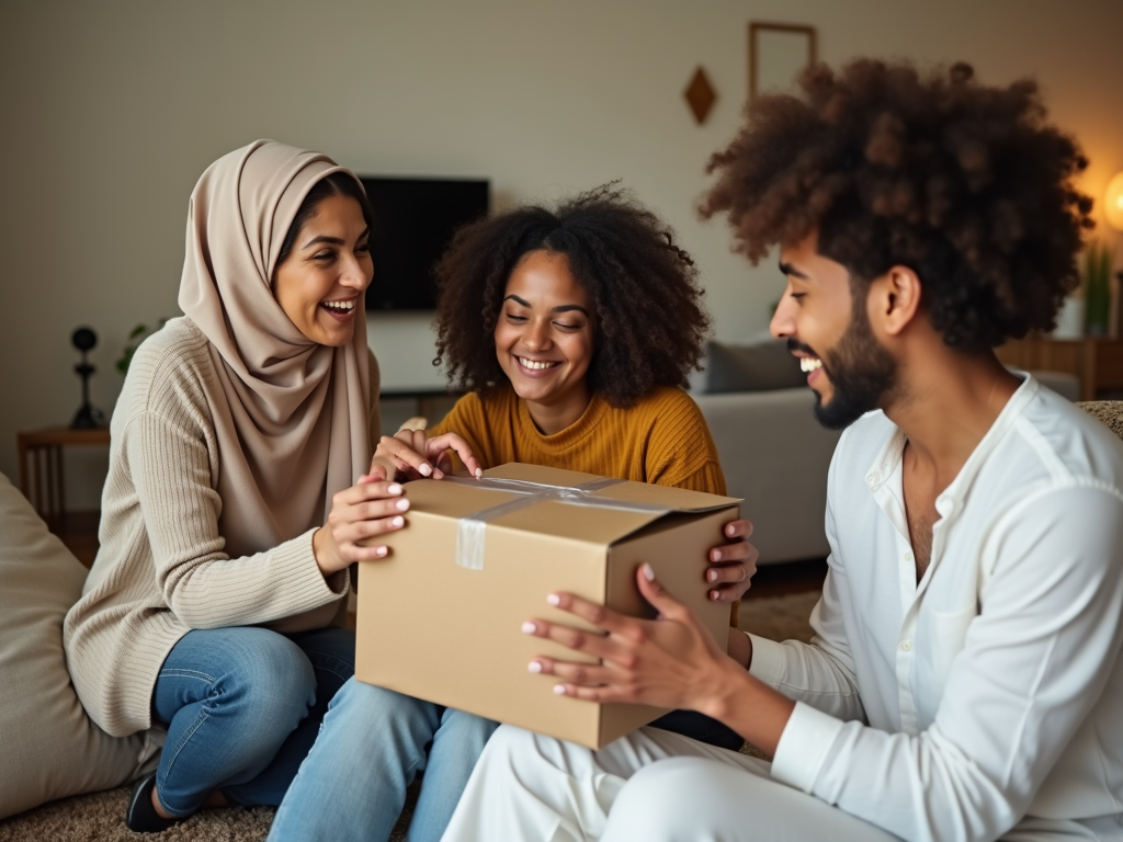 Three friends gather on a sofa, joyfully opening a gift box together in a cozy living room setting.