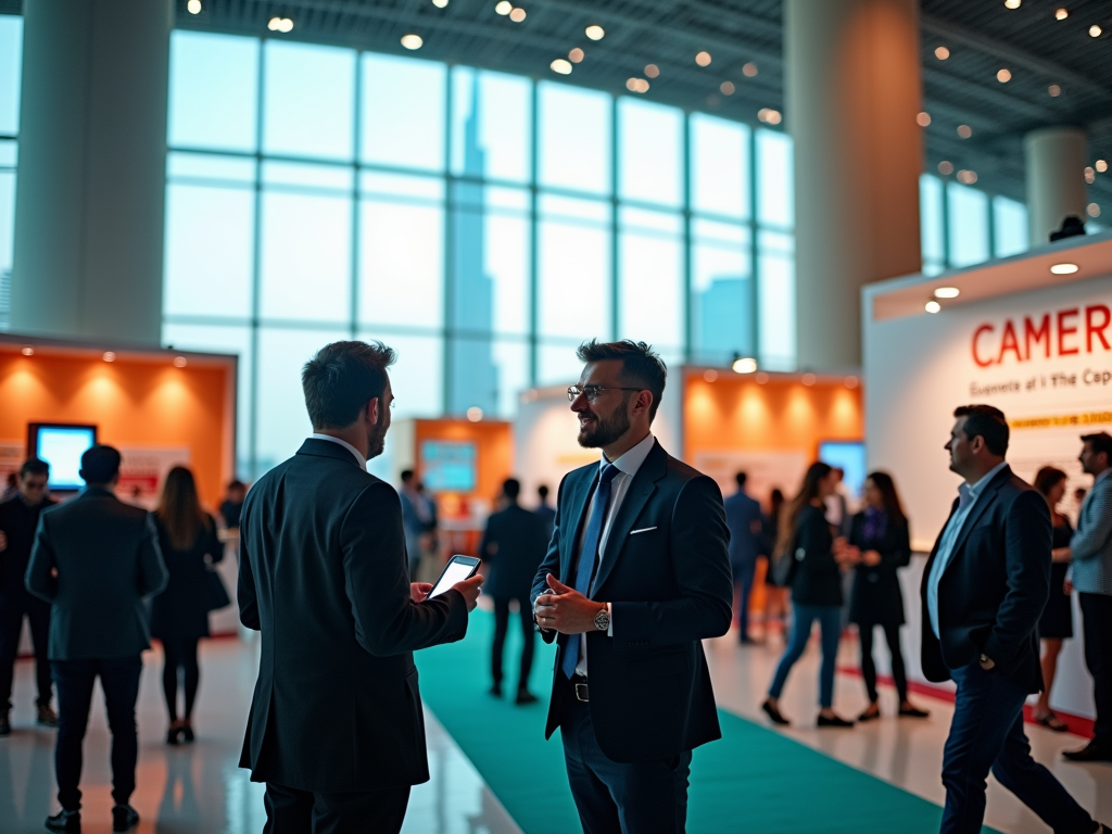 Two businessmen talking at a busy conference event with others in the background.