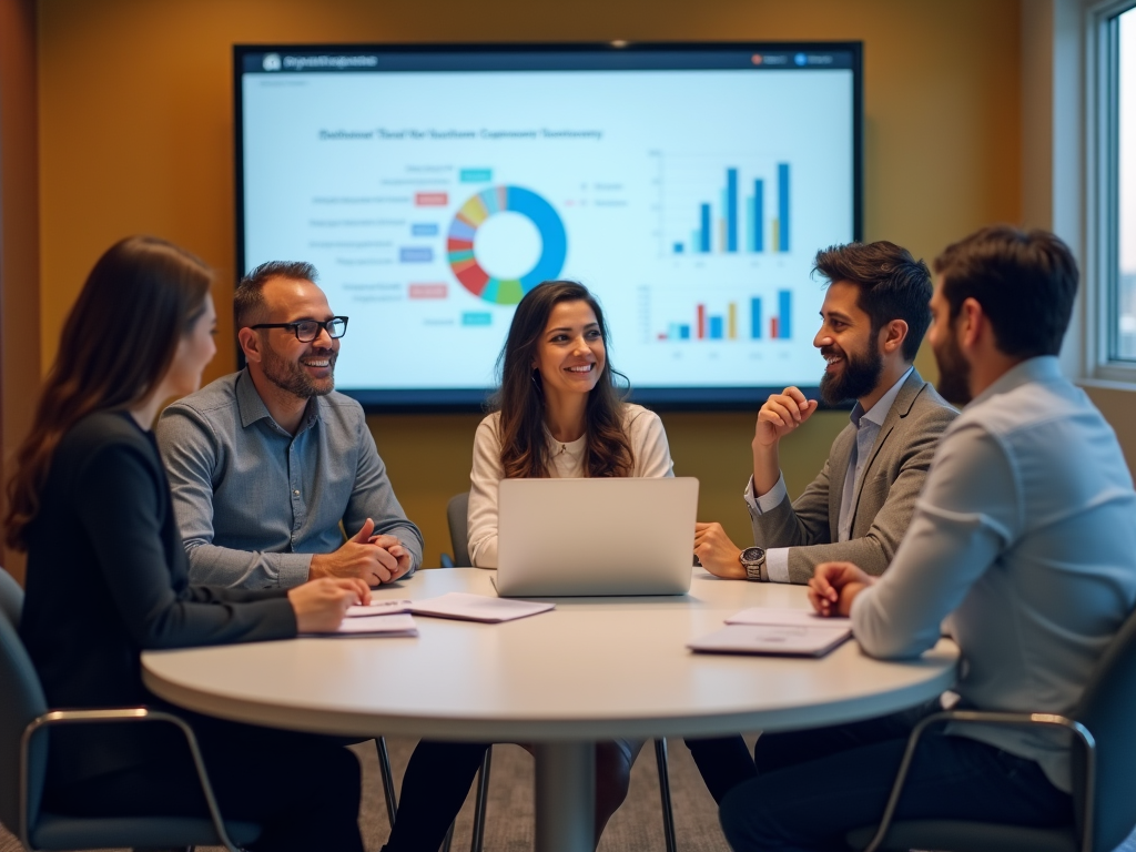 Group of five business professionals discussing a data presentation in a modern office.