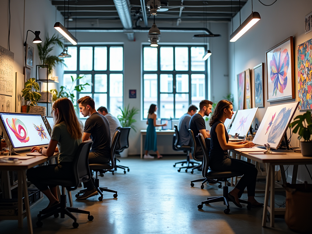 A creative workspace with individuals focused on digital art, surrounded by plants and colorful wall art.