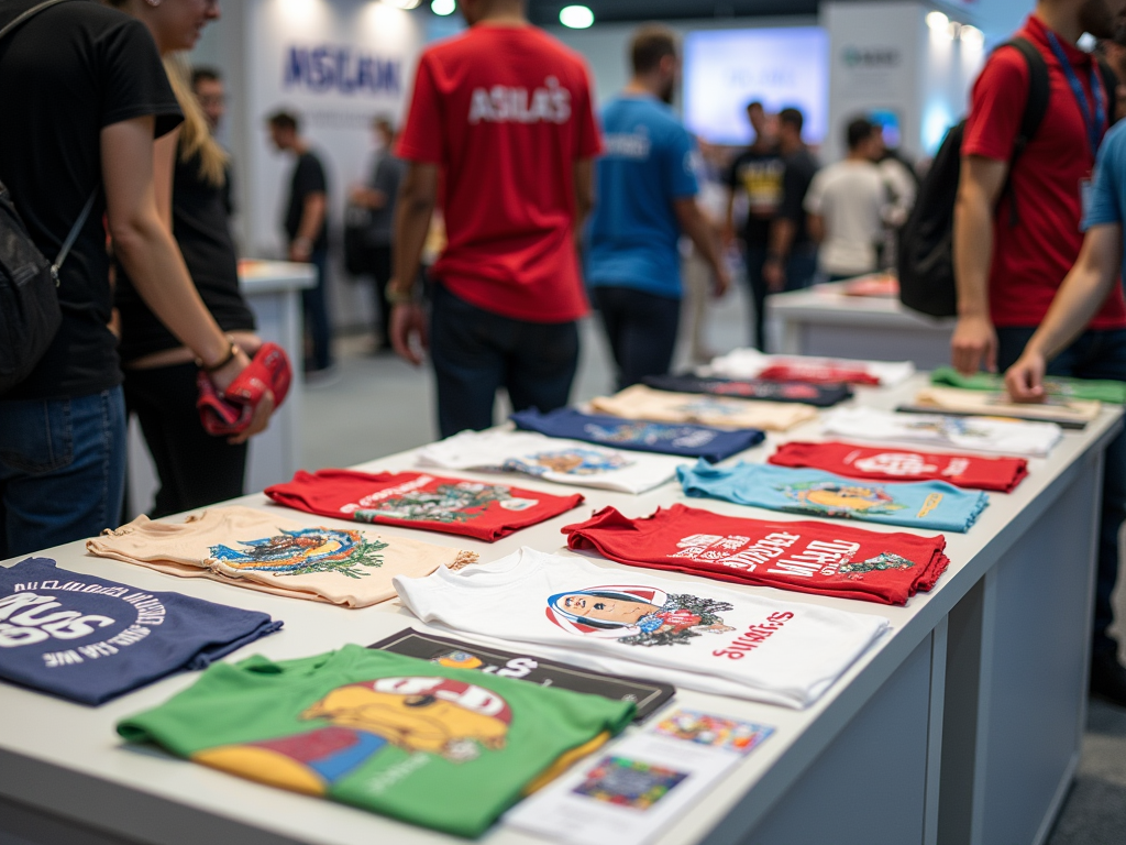 A variety of colorful T-shirts displayed on a table, with people browsing in the background.