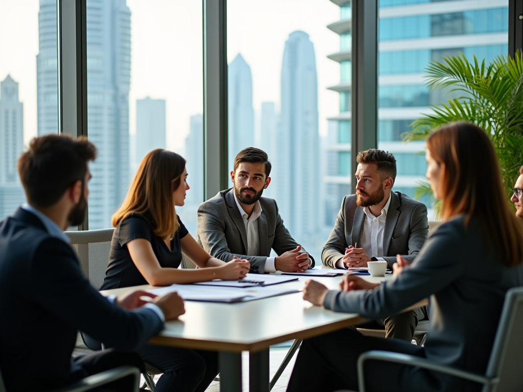 Business professionals engaged in a meeting with city skyline in the background.