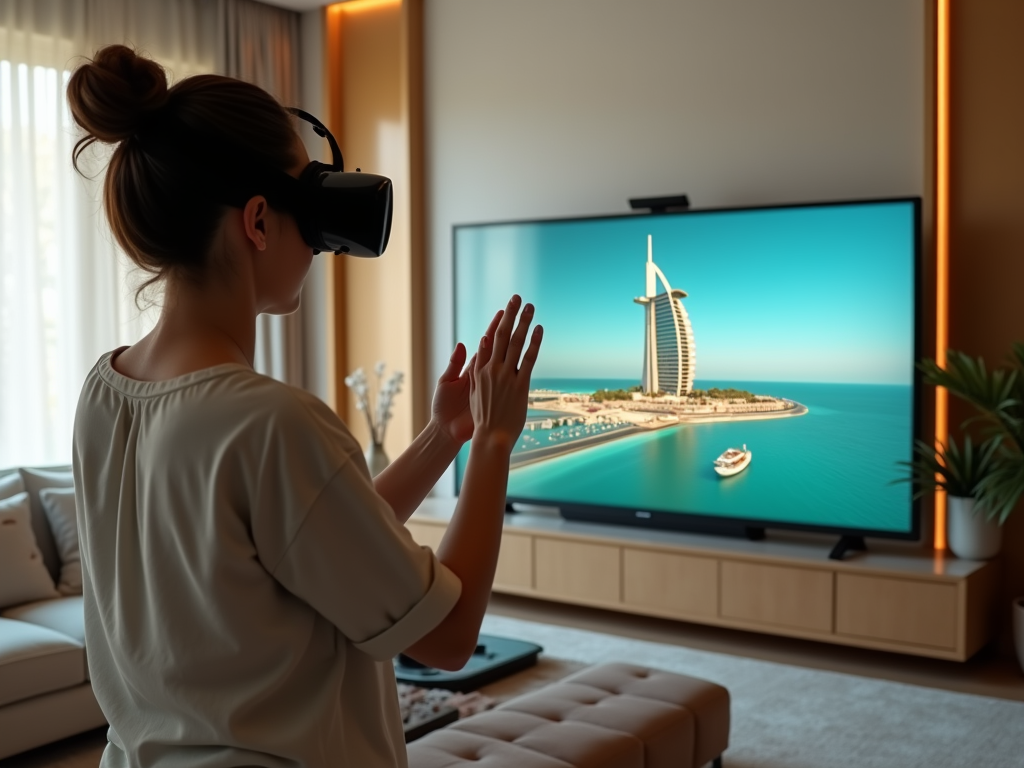 A woman in a VR headset interacts with a large screen displaying a coastal city view.