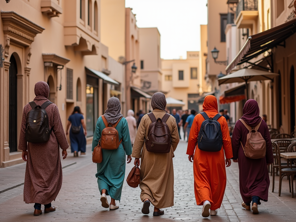 Five women wearing colorful hijabs and backpacks walk down a bustling market street.