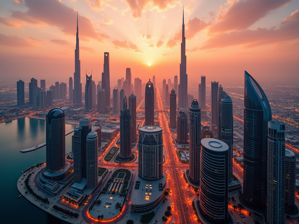 Sunset over a city skyline with tall skyscrapers and illuminated roads.