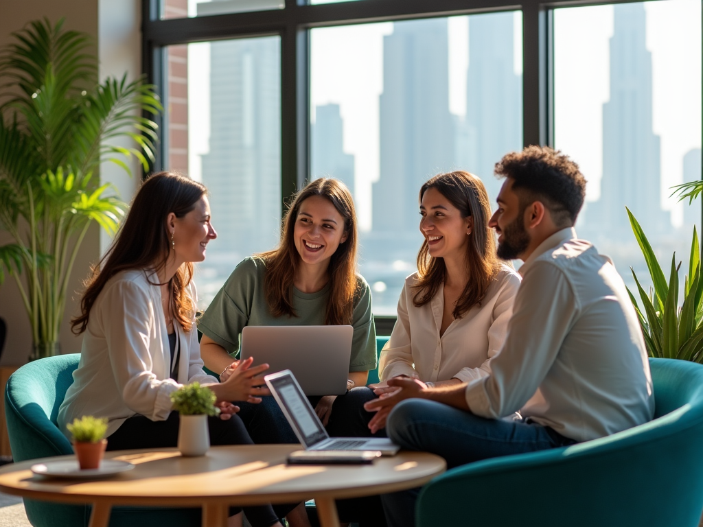 Four professionals having a cheerful discussion in a modern office lounge with a cityscape view.