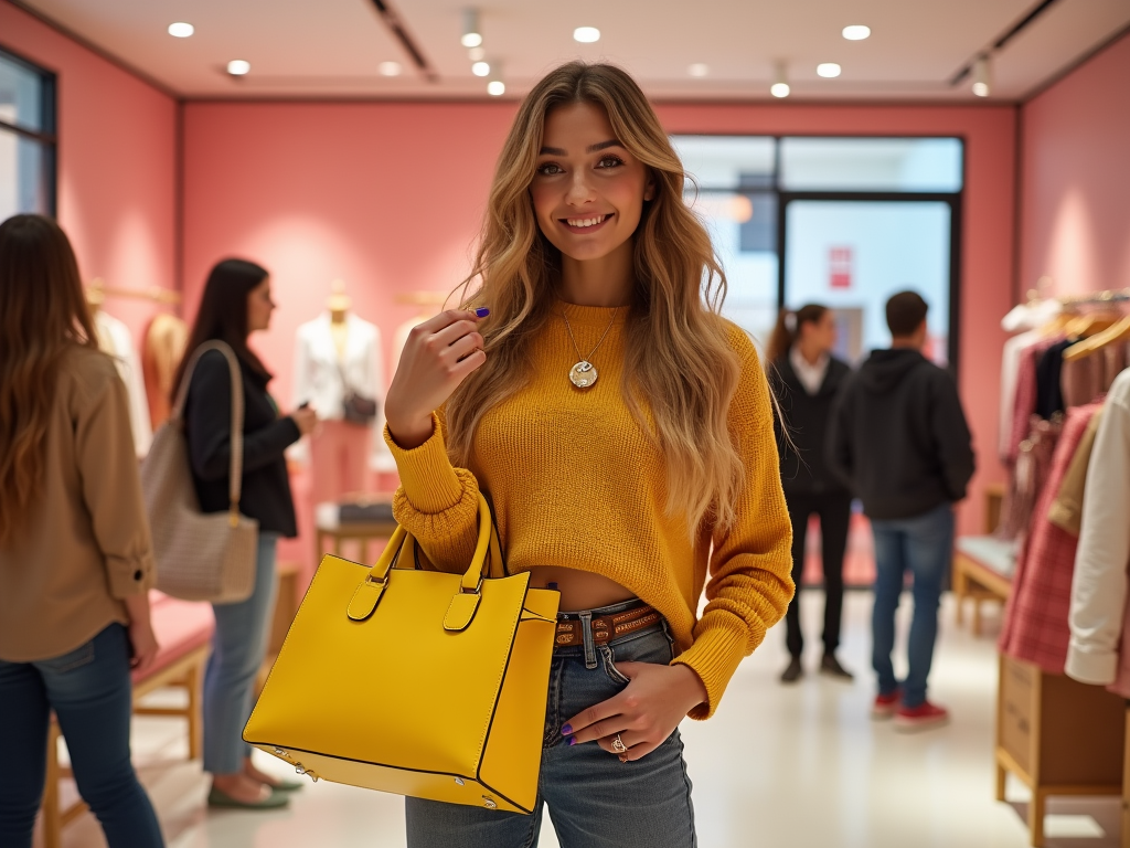 Smiling woman with yellow bag shopping in a vibrant store, holding a credit card.