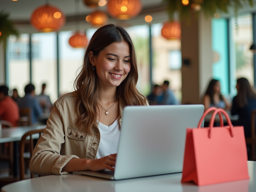 Smiling woman using laptop in a busy cafe with a red shopping bag on the table.