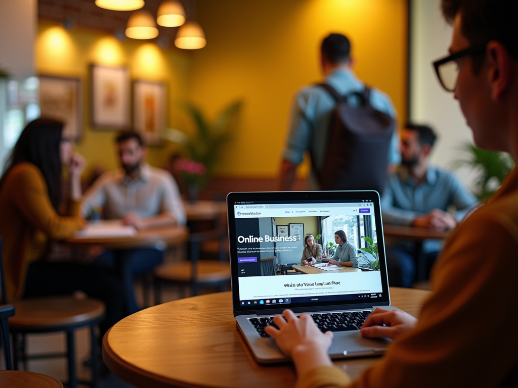 Laptop screen showing an "Online Business" website in a busy café with people discussing in the background.