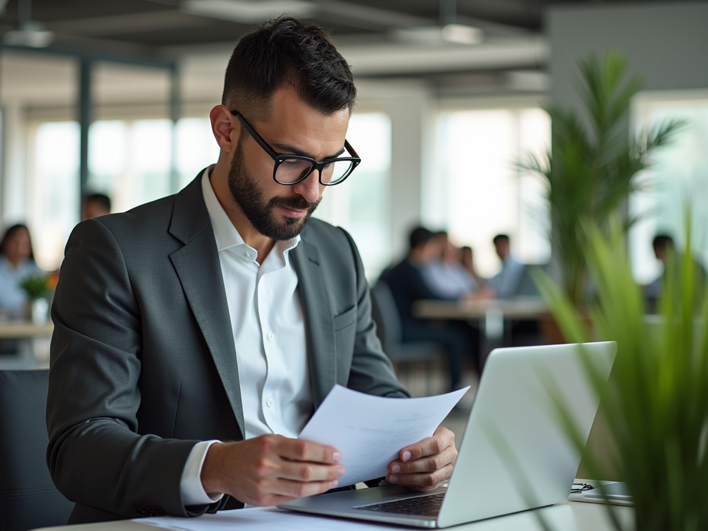 Businessman in glasses reviewing documents at laptop in busy office.