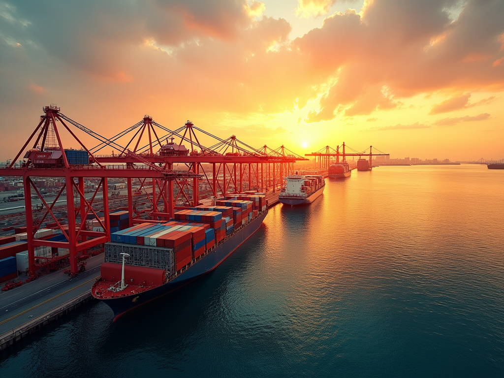 Sunset over a busy container port with ships and cranes, vibrant sky reflecting on water.