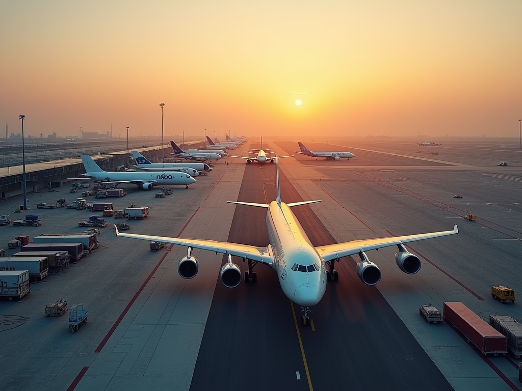 Sunrise at an airport with multiple airplanes on the tarmac, highlighted by the warm glow of the sun.