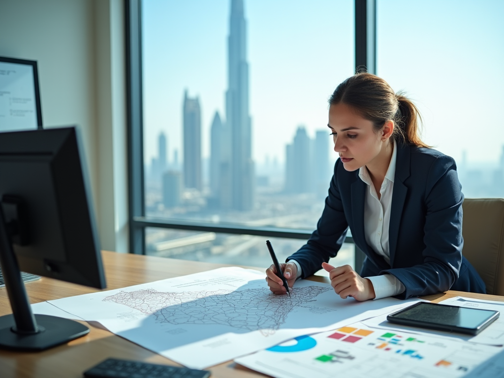 Businesswoman examining plans in a high-rise office with a city skyline in the background.