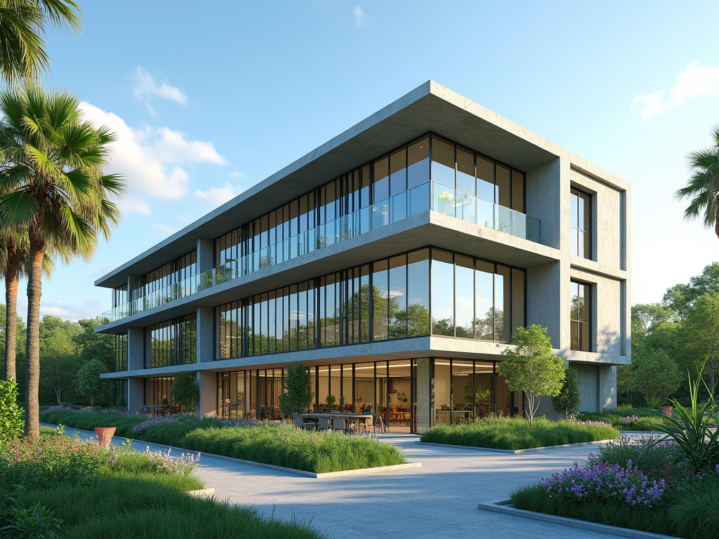 Modern multi-story building with glass facades surrounded by lush greenery and palm trees.