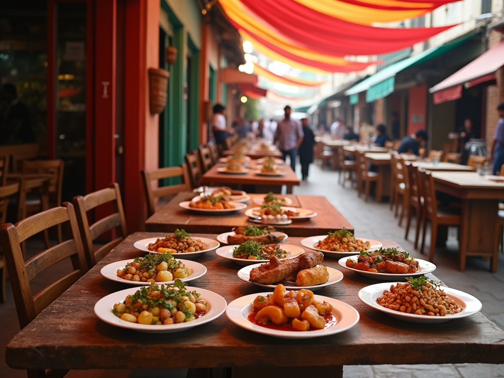 An outdoor dining scene with an array of dishes set on long wooden tables under colorful overhead drapes.