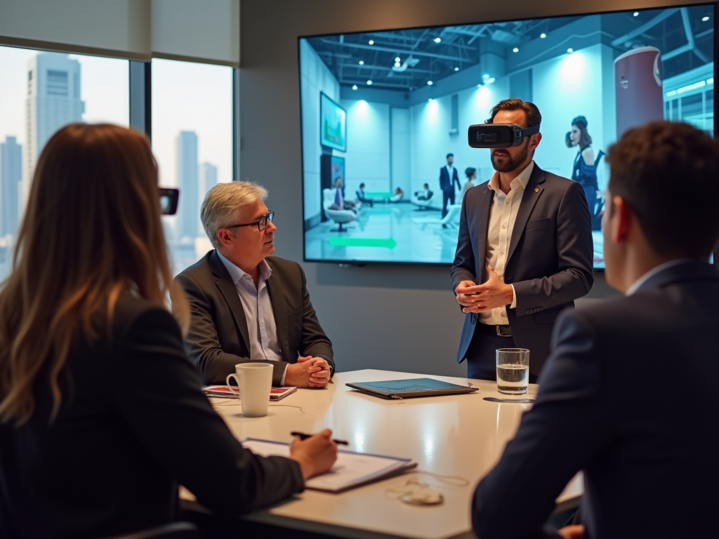 A business meeting with a presenter using VR technology, discussing insights displayed on a large screen.