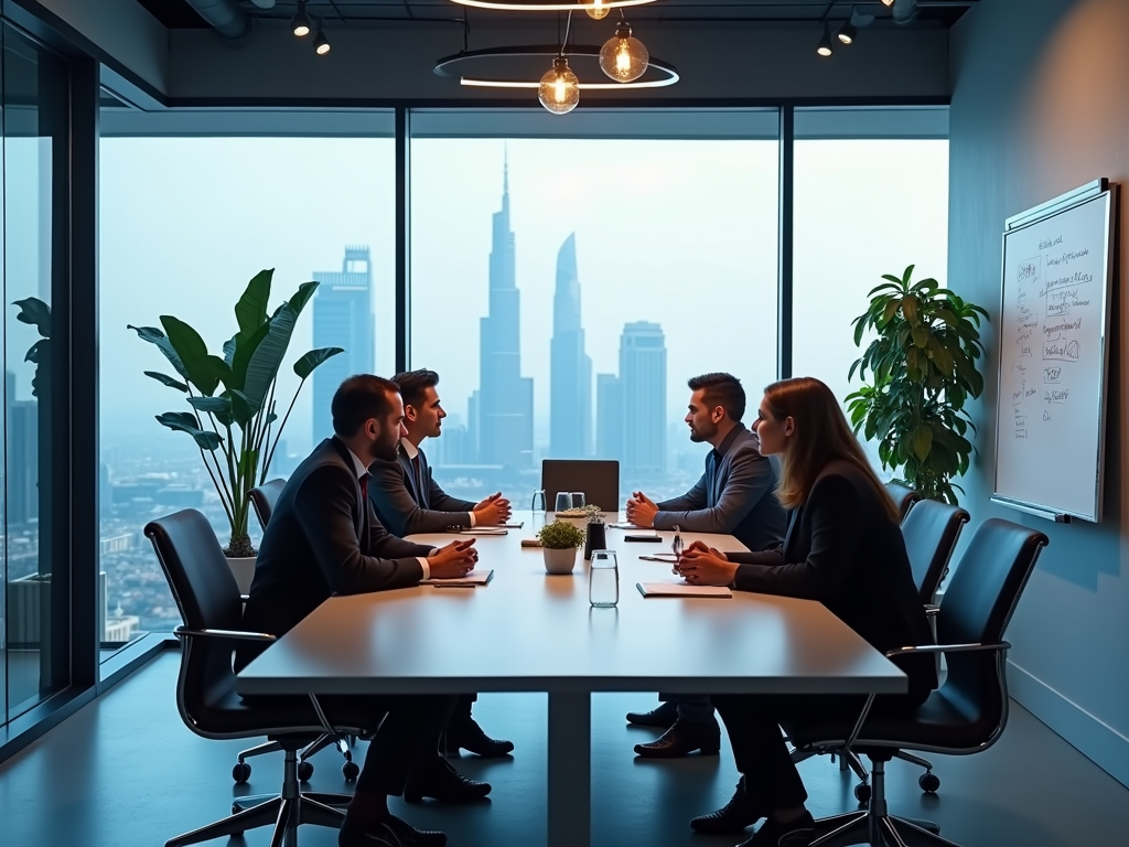 A business meeting taking place in a modern office with a city skyline view, featuring four professionals at a table.