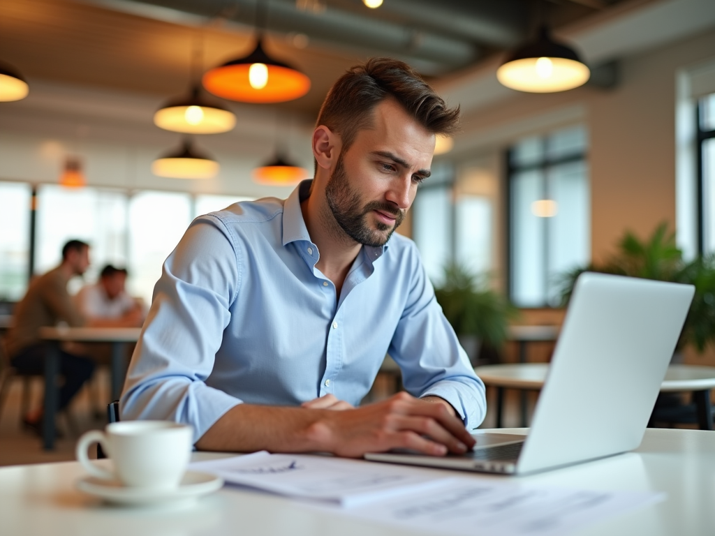 Man working on laptop in a busy office, with coffee and documents on his desk.