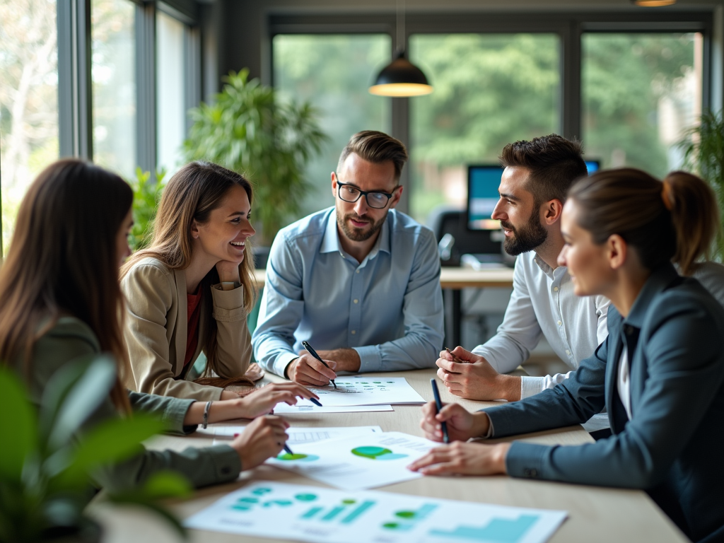 A group of five professionals collaborating over charts and documents in a bright office setting.